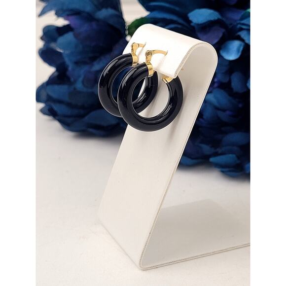 14K Yellow Gold Onyx Hoop Earrings 1" Diameter 6.29 Grams - Picture 3 of 6